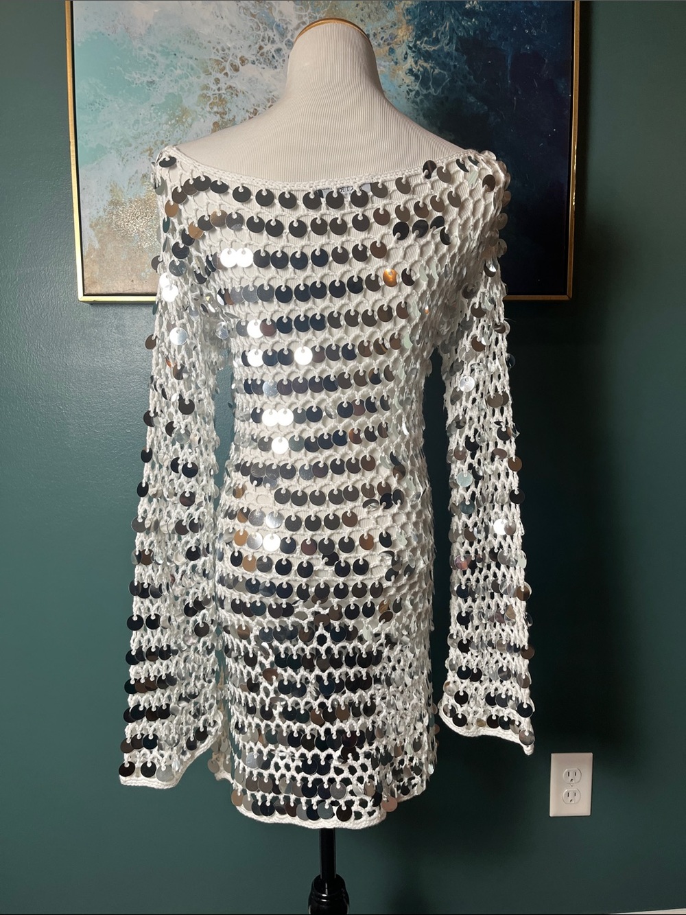 AKIRA Silver White Sequin Crochet Long Sleeve Dress - Picture 4 of 6